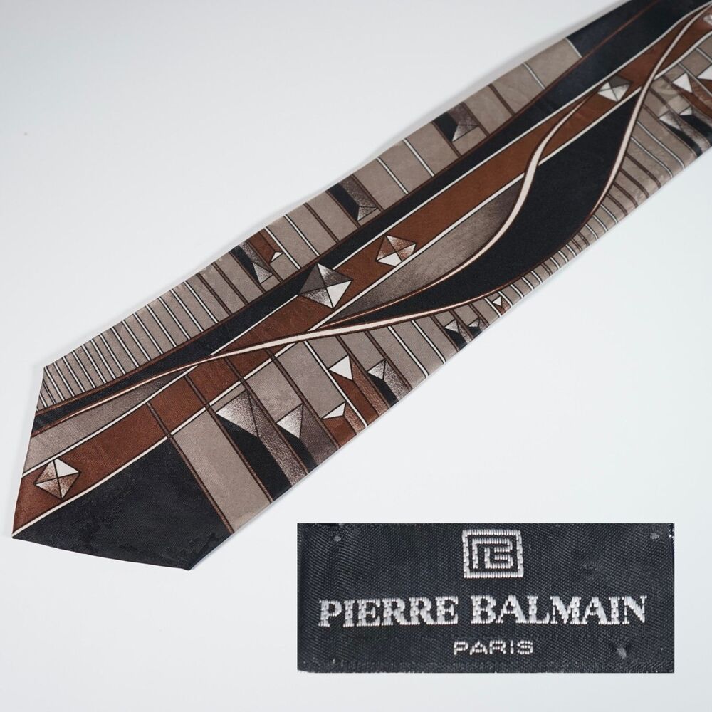Balmain Pierre Balmain Vintage Tie Abstract Art Deco Geometric Pattern Brown